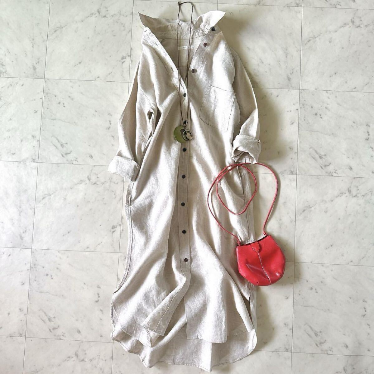 極美品☆プラージュ リネンロングシャツワンピース マキシワンピース 麻 羽織り レディース Plage_画像1