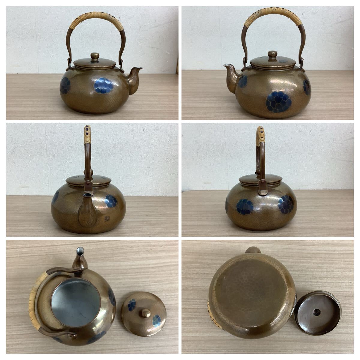 ?営NI056-A12T100【埼玉発】茶器揃 急須 湯沸 茶筒 炭入 茶壷 茶道具 5點(diǎn)まとめ 玉川堂 亀甲文 鋲打 銅制 現(xiàn)狀品