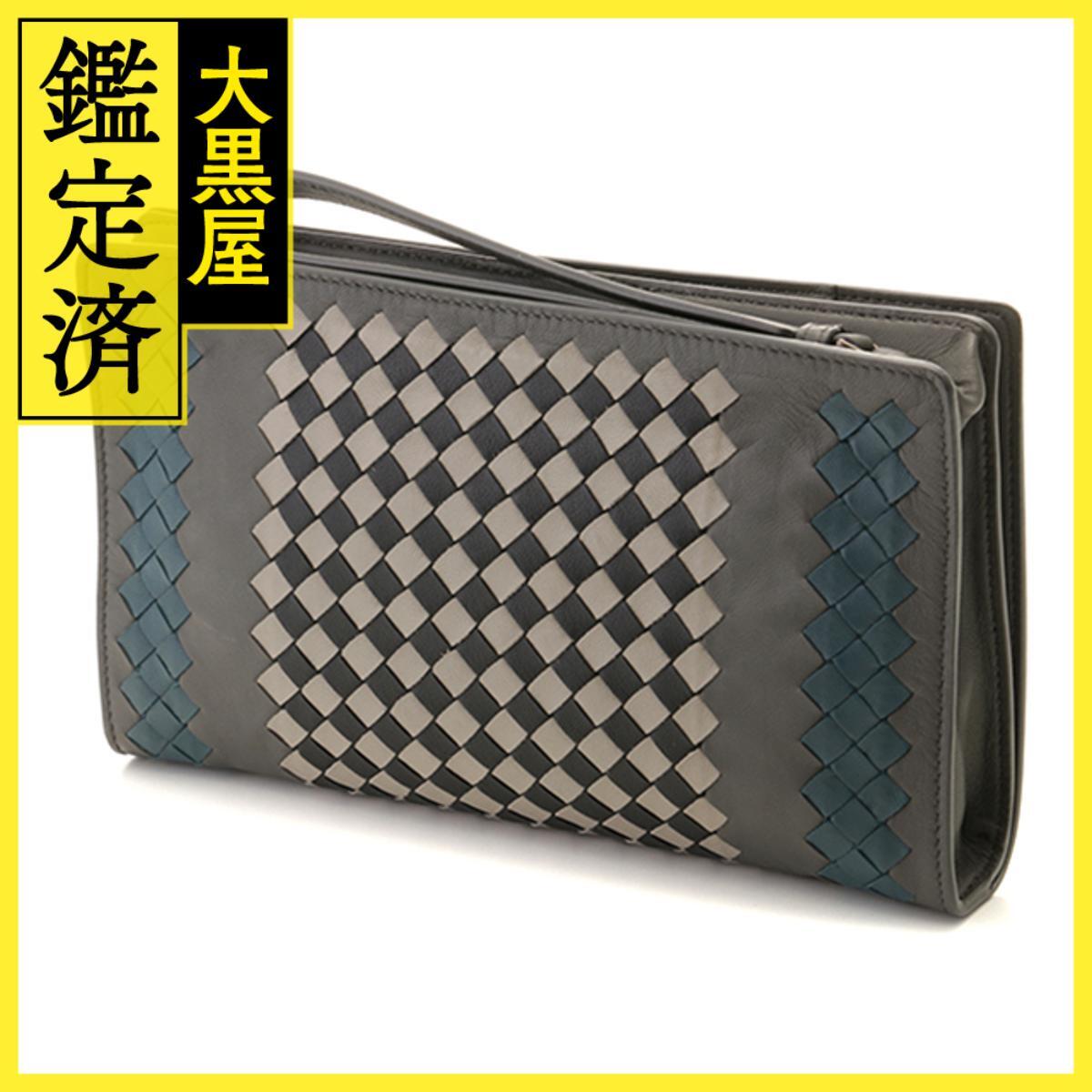 BOTTEGA　VENETA　ボッテガ?ヴェネタ　イントレチャート クラッチバッグ　グレー　ブルー　ブラック　レザー　546882