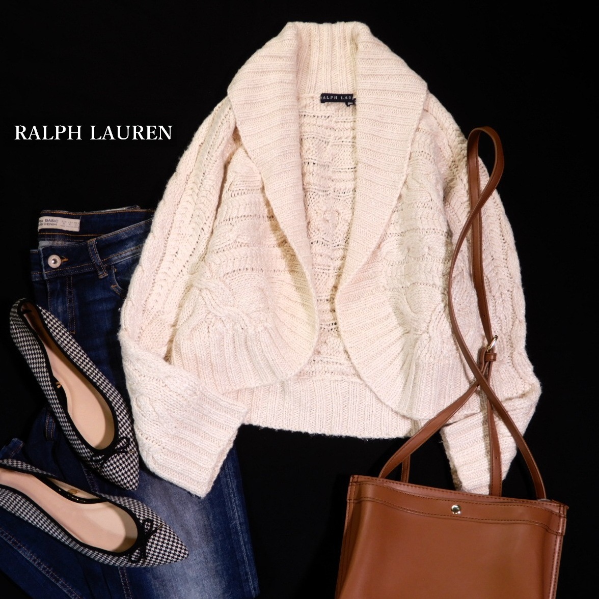 ラルフローレン LAUREN RALPH LAUREN 大人可愛い☆ 絹 麻 綿 シルク リネン コットン ボーダー ケーブル柄 ニット カーディガン M_画像1