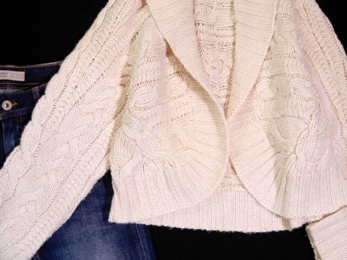 ラルフローレン LAUREN RALPH LAUREN 大人可愛い☆ 絹 麻 綿 シルク リネン コットン ボーダー ケーブル柄 ニット カーディガン M_画像5