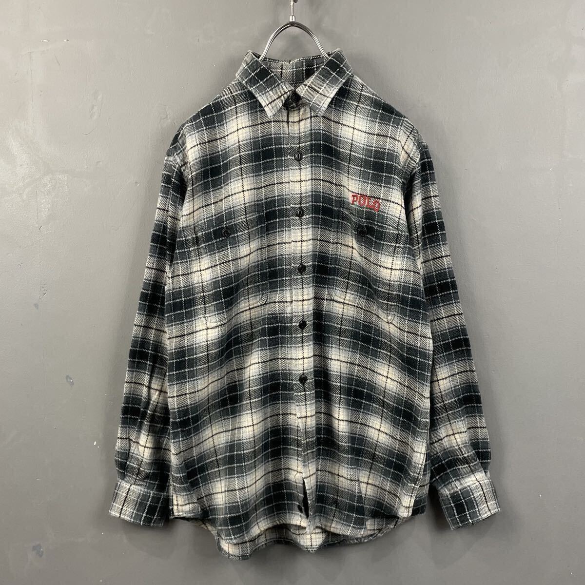90s Vintage Polo by Ralph Lauren ポロバイラルフローレン 長袖シャツ チェックシャツ ネルシャツ ブラック ロゴ刺繍 プリネル メンズ