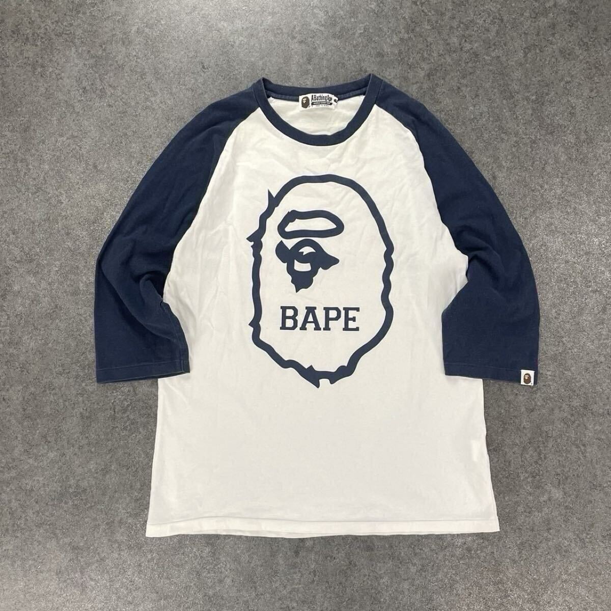 A BATHING APE BAPE アベイシングエイプ ラグランスリーブ 七分袖 カットソー ロゴプリント ホワイト×ネイビー メンズ L 1920-182-001