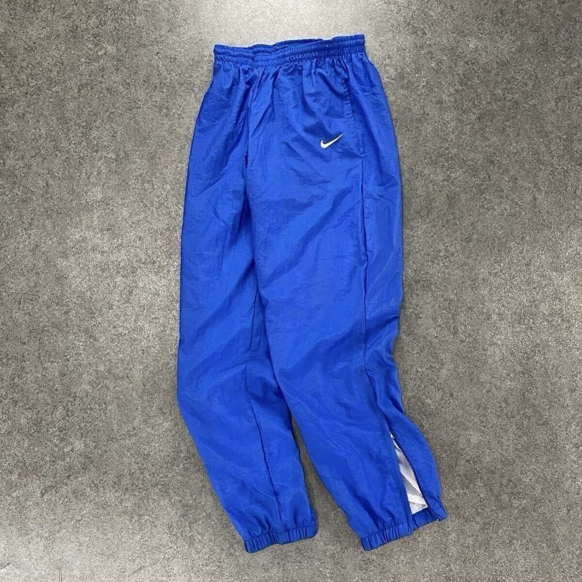 90s Vintage NIKE ナイキ 銀タグ ナイロンパンツ ジョガーパンツ ビンテージ ヴィンテージ ブルー ウエストゴム入り スウッシュ/ロゴ/刺繍