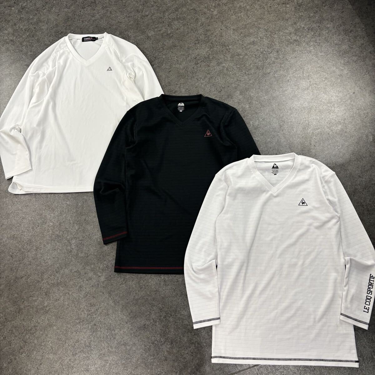 お買い得! 3点セット! le coq sportif ルコックゴルフ ゴルフウェア 長袖シャツ Vネック ロゴプリント 白+黒 メンズ LL 大きいサイズ