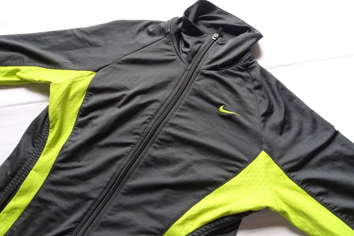 NIKE DRI-FIT/ナイキ/長袖トラックジャケット/ストレッチ性素材/前ジップアップ/ライムイエロー切替/シャーリング/グレー/Mサイズ(9/8R7)_画像6