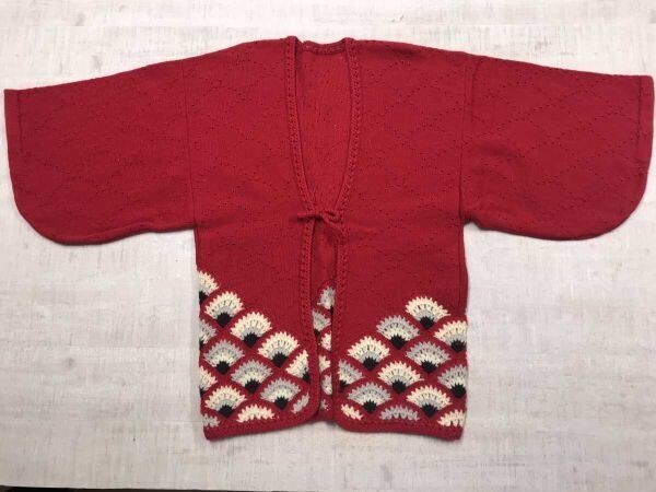 レトロ オールド ジャパンビンテージ 和柄 波模様 針抜き 着物スリーブ ニット ジャガード 半袖 手編み 羽織り カーディガン レディース 赤_画像1