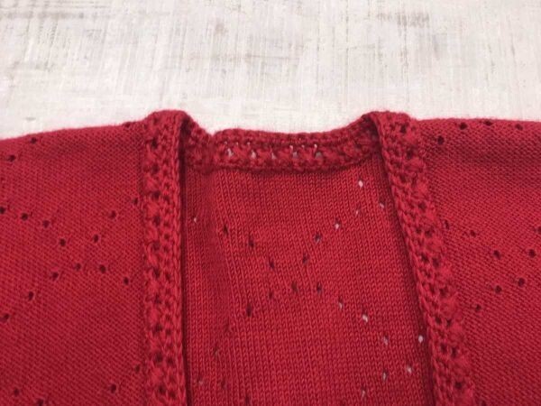 レトロ オールド ジャパンビンテージ 和柄 波模様 針抜き 着物スリーブ ニット ジャガード 半袖 手編み 羽織り カーディガン レディース 赤_画像2