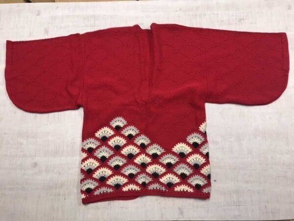 レトロ オールド ジャパンビンテージ 和柄 波模様 針抜き 着物スリーブ ニット ジャガード 半袖 手編み 羽織り カーディガン レディース 赤_画像8