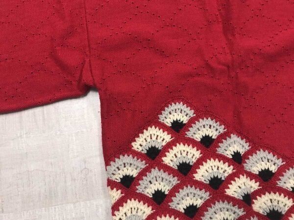 レトロ オールド ジャパンビンテージ 和柄 波模様 針抜き 着物スリーブ ニット ジャガード 半袖 手編み 羽織り カーディガン レディース 赤_画像10