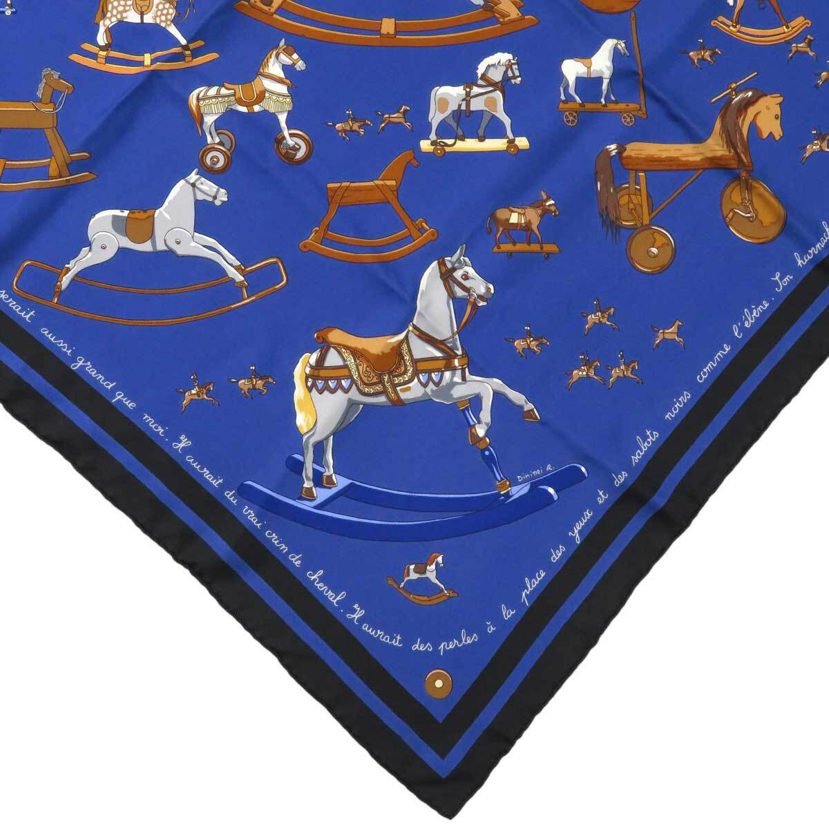 エルメス カレ 90 Raconte moi le Cheval お馬の話をして スカーフ ユニセックス ブルー ブラック ブラウン 中古 【アパレル・小物】_画像2