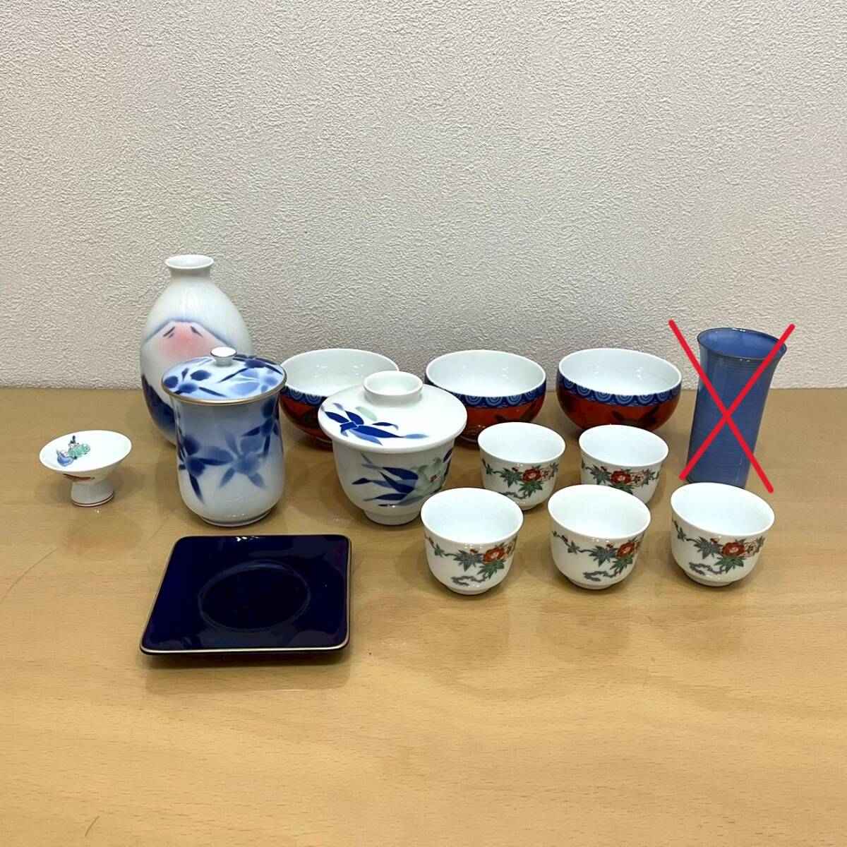 深川制磁 酒器 茶器 まとめ 15點 7種 徳利 ぐい お豬口 盃 湯呑み 蓋 ソーサー 赤富士 六歌仙 波鶴 カトレア 瑠璃 有田焼