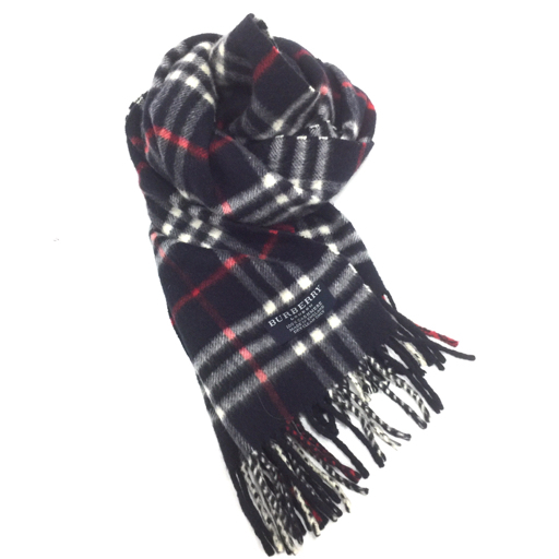 送料360円 バーバリー ロンドン カシミヤ 100％ マフラー チェック柄 全長(zhǎng)約147cm 紺×赤×白系 QH101-9 同梱NG