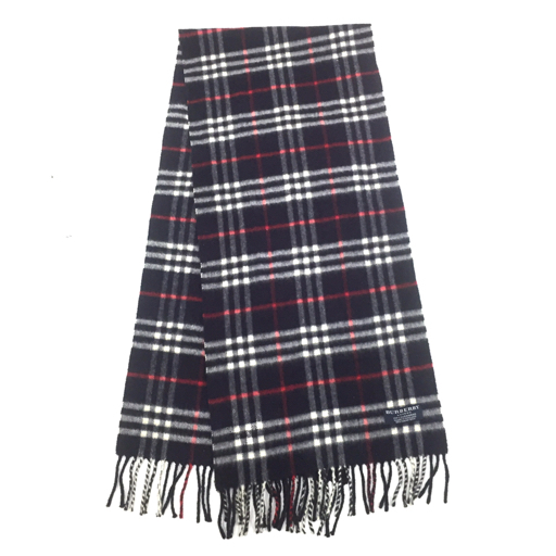 送料360円 バーバリー ロンドン カシミヤ 100％ マフラー チェック柄 全長(zhǎng)約147cm 紺×赤×白系 QH101-9 同梱NG