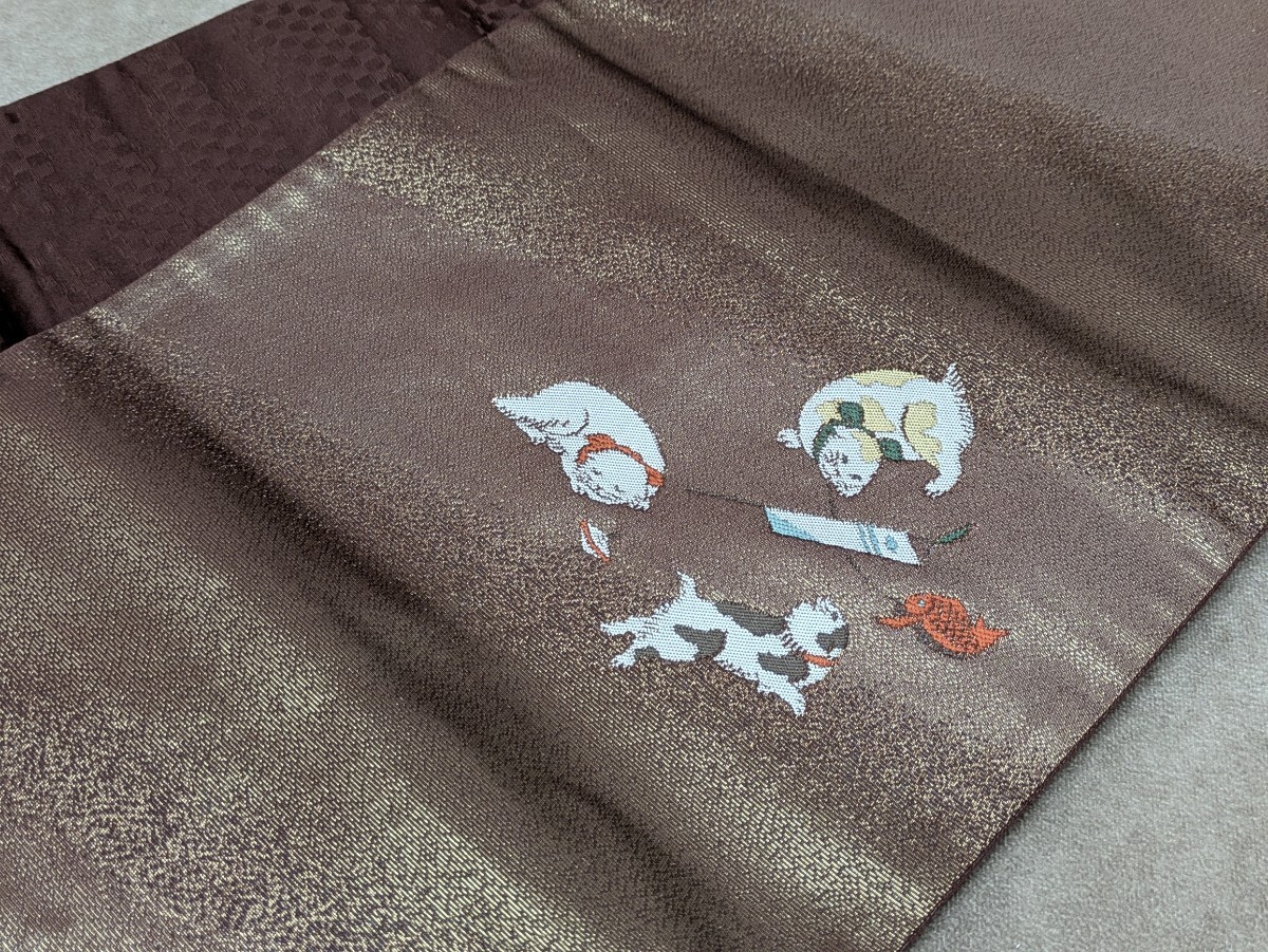 着物帯 帯 六通帯? 袋帯? 川島織物 和装小物 和柄 レトロ柄 猫 魚 駒 和装 和服 巾31cm 長さ約368cm前後 アンティーク コレクション 奈良発