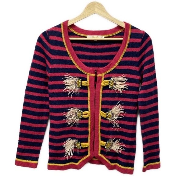 チェスティ Chesty カーディガン サイズF - ネイビー×ピンク×ダークイエロー レディース 長袖/ボーダー/ビジュー トップス_画像1