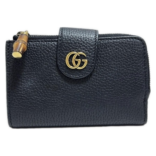 グッチ GUCCI 2つ折り財布 739498 ダイアナ，バンブー付き ダブルG ミディアム ウォレット レザー 黒×ブラウン L字ファスナー 財布
