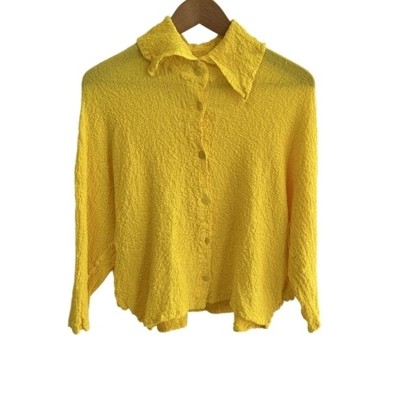 ミー/イッセイミヤケ me ISSEY MIYAKE 七分袖シャツブラウス - イエロー レディース シワ加工 美品 トップス_画像1