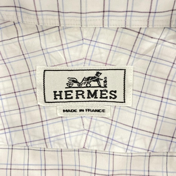 エルメス HERMES 長袖シャツ サイズ15 3/4　40 - 白×ボルドー×ブルー メンズ チェック柄 美品 トップス