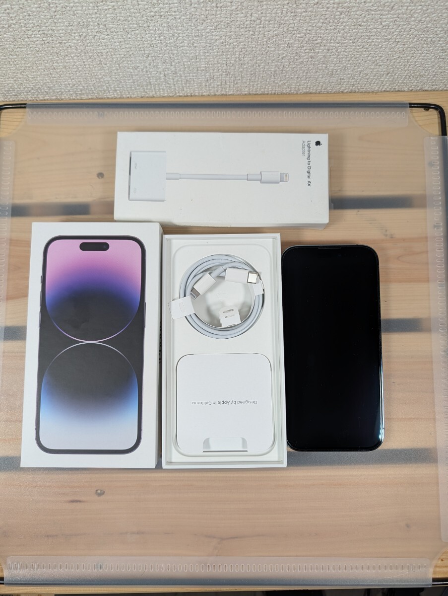 Apple iPhone 14 Pro 128GB ディープパープル SIMフリー 残債なし 工場出荷初期化済 バッテリー83% 外箱・純正ケーブル・HDMI変換付