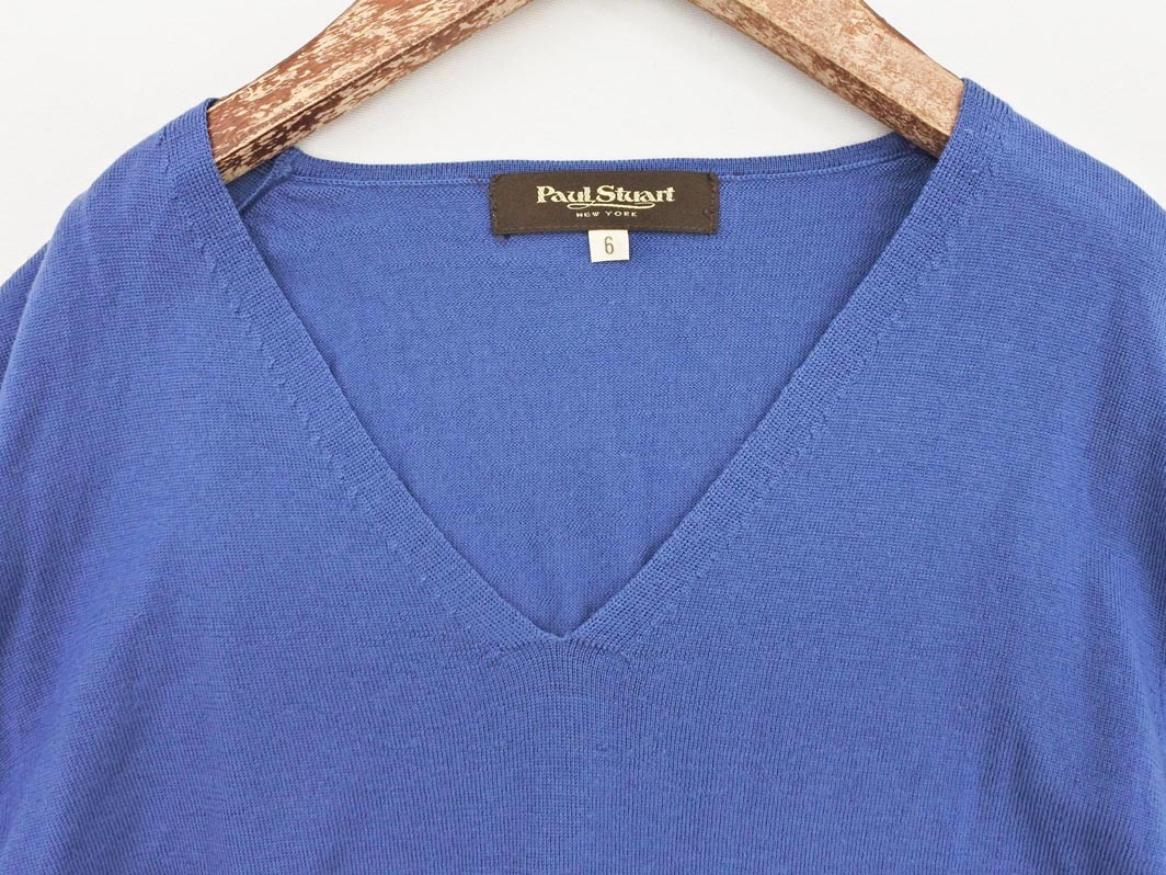 кошка pohs OK PAUL STUART paul (pole) Stuart шерсть 100% V шея вязаный свитер size6/ синий *# * fia2 женский