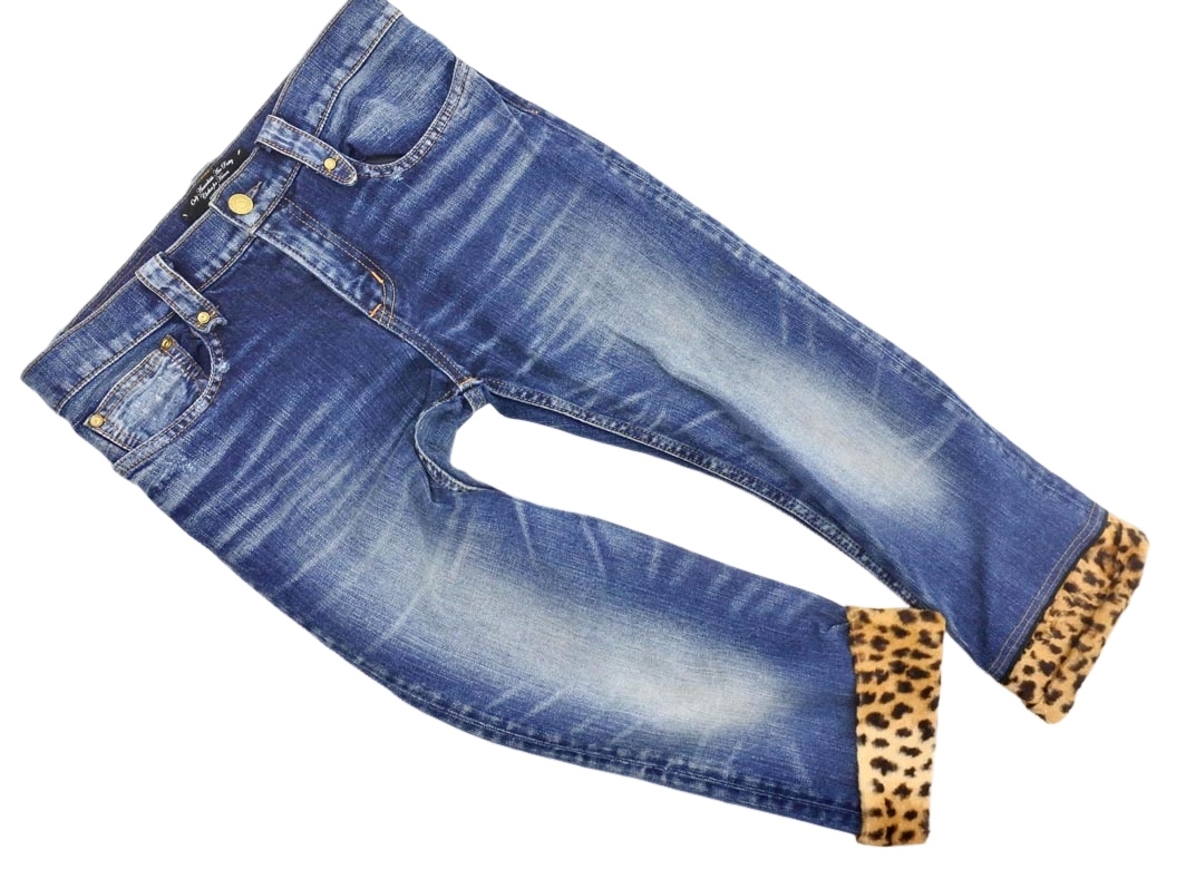 RNA アールエヌエー アニマル柄 裾 ファー クロップド デニムパンツ size2/青 ◇■ ☆ fib9 レディース_画像1