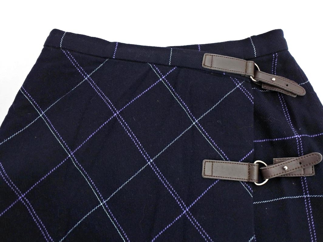 KUMIKYOKU 組曲 ウール混 チェック 巻き ラップ スカート size1/紺 ◇■ ☆ fic2 レディース