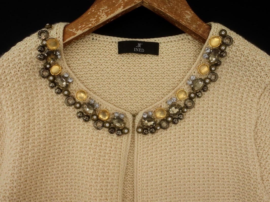 INED イネド ウール混 ビジュー ニット カーディガン size9/ベージュ ◇■ ☆ fic6 レディース_画像3