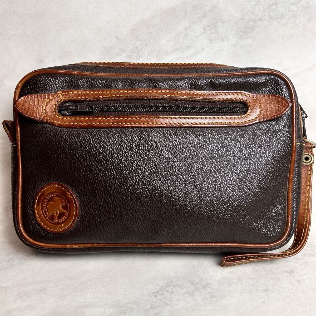 1円? HUNTING WORLD ハンティングワールド PVC レザー メンズ セカンドバッグ クラッチバッグ ブラウン