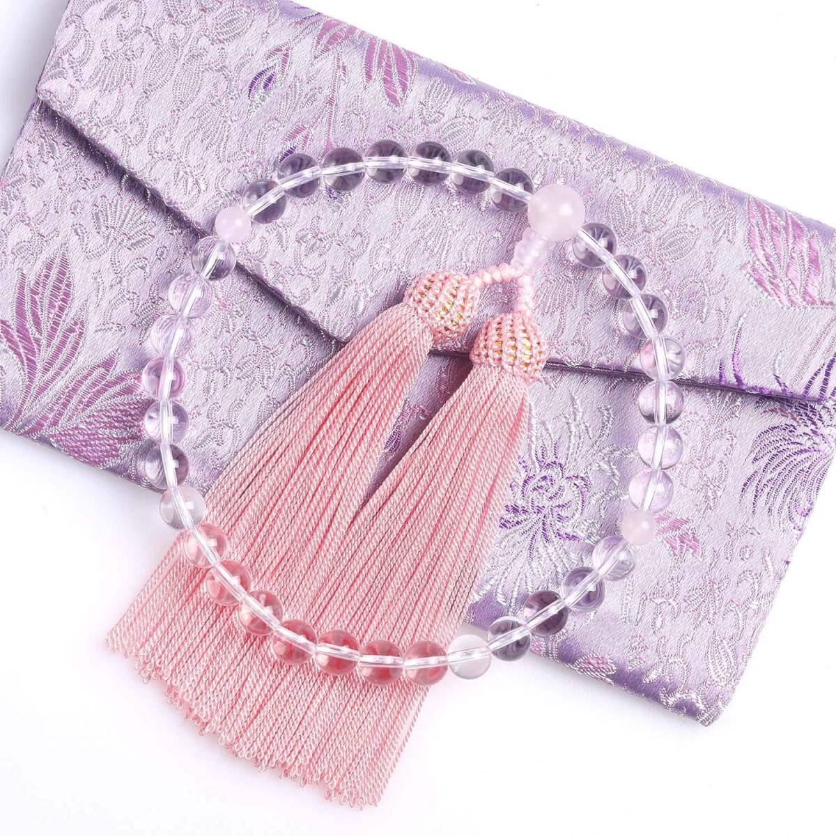 【数珠袋付】女性用 数珠 本水晶(8mm玉) 紅水晶(ローズクオーツ)_画像7