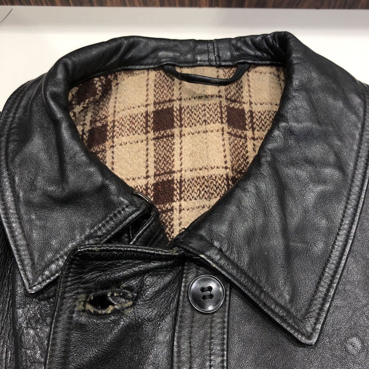 ts20250920【vintage】ヴィンテージ コルビジェジャケット レザージャケット ブルゾン 裏地チェック ブラック レザー _画像8