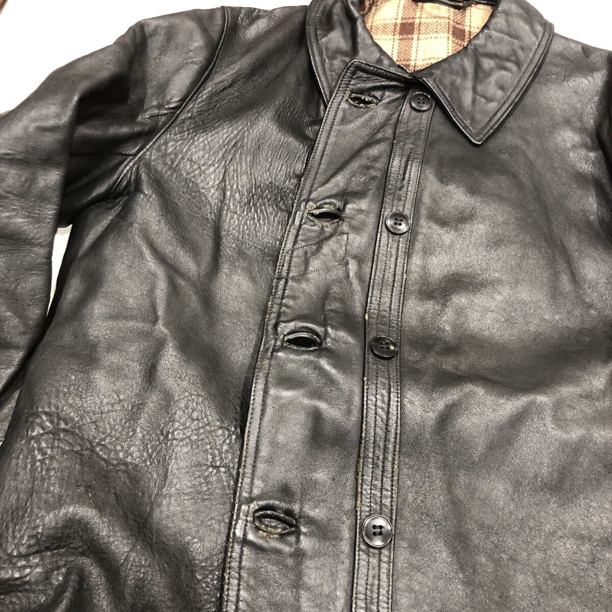 ts20250920【vintage】ヴィンテージ コルビジェジャケット レザージャケット ブルゾン 裏地チェック ブラック レザー _画像10