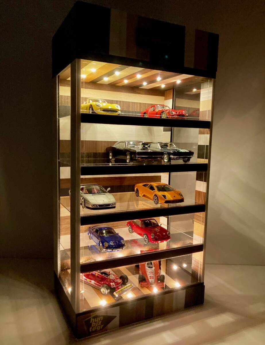 1円スタート・1/43展示20台可能・ランダムウッド・5層式ディスプレーBOX / LED照明20灯・スタイリッシュジオラマ・トミカ、ホットウィールの画像6