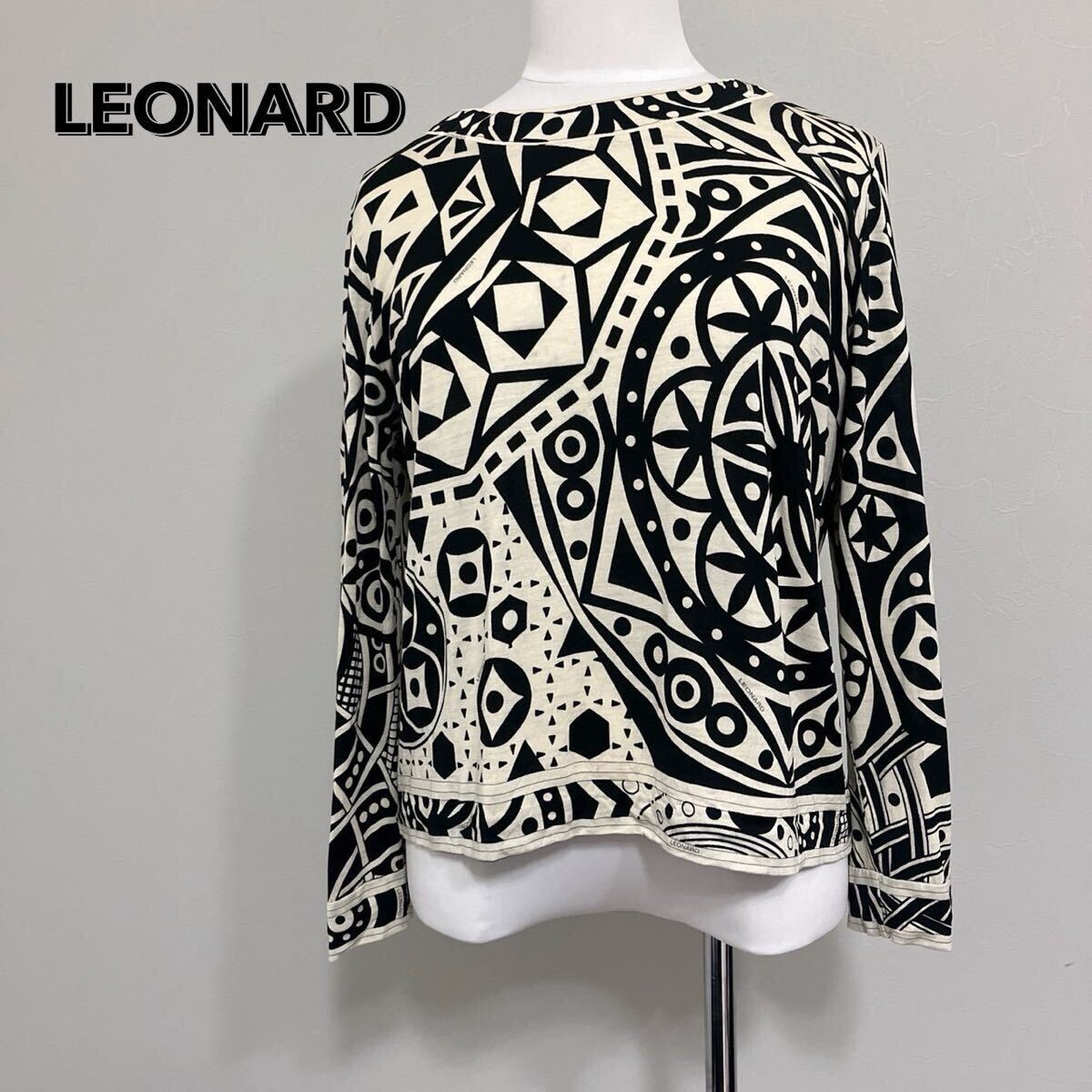 LEONARD レオナール ウール×シルク　カットソー　長袖ニット　白黒　モノトーン　ブラック×ホワイト シルクトップス 総柄　丸首　FH797_画像1