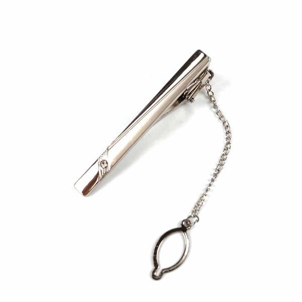 ネクタイピン シンプル スクエア 斜めライン ラインストーン チェーン付き フォーマル シルバー_画像1