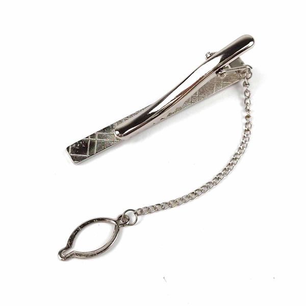 ネクタイピン シンプル スクエア 斜めライン ラインストーン チェーン付き フォーマル シルバー_画像2