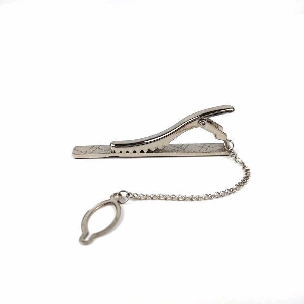ネクタイピン シンプル スクエア 斜めライン ラインストーン チェーン付き フォーマル シルバー_画像3