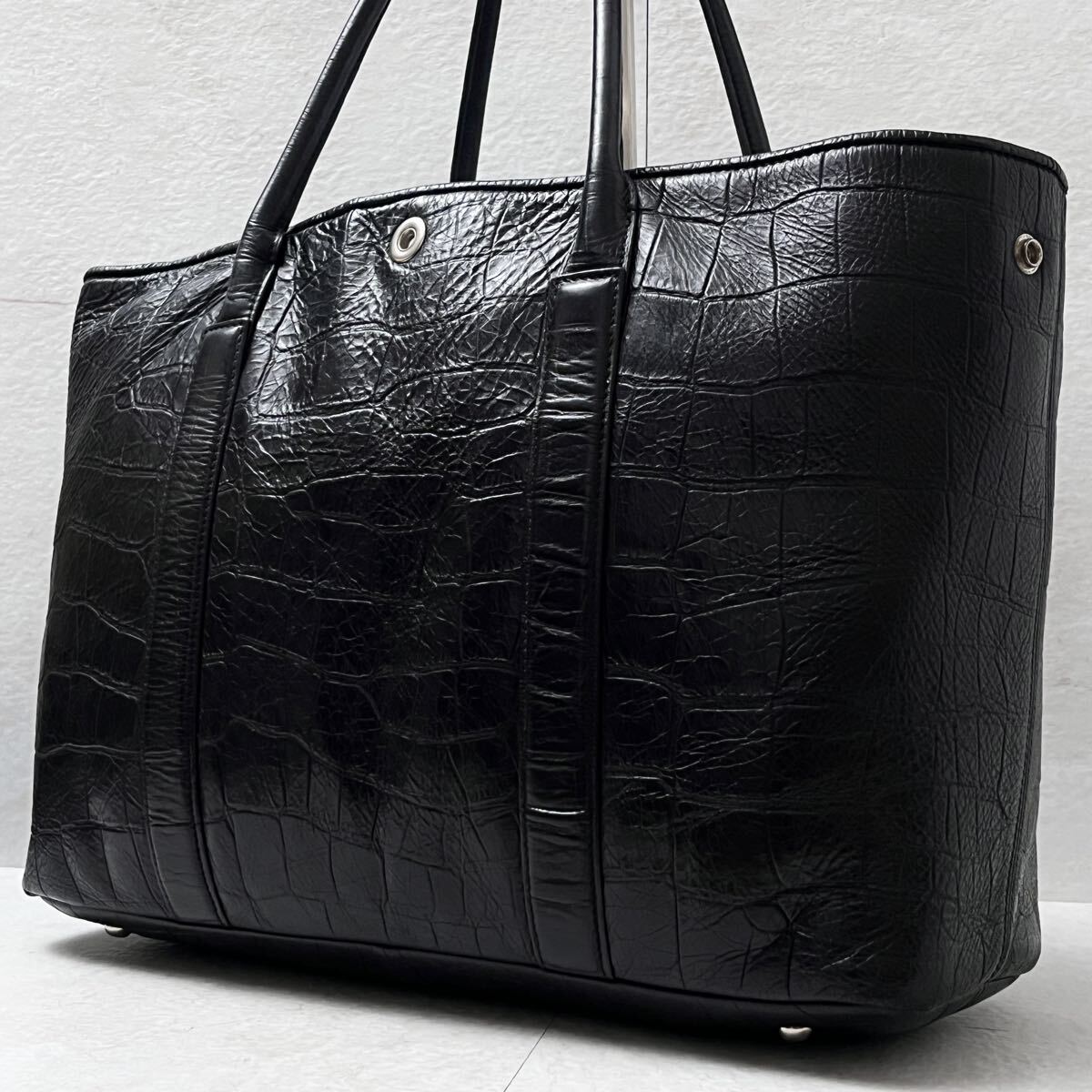 美品/A4収納 ●BARNEYS NEWYORK バーニーズニューヨーク メンズ ビジネス トートバッグ ●クロコ型押し レザー 本革 肩掛け ブラック
