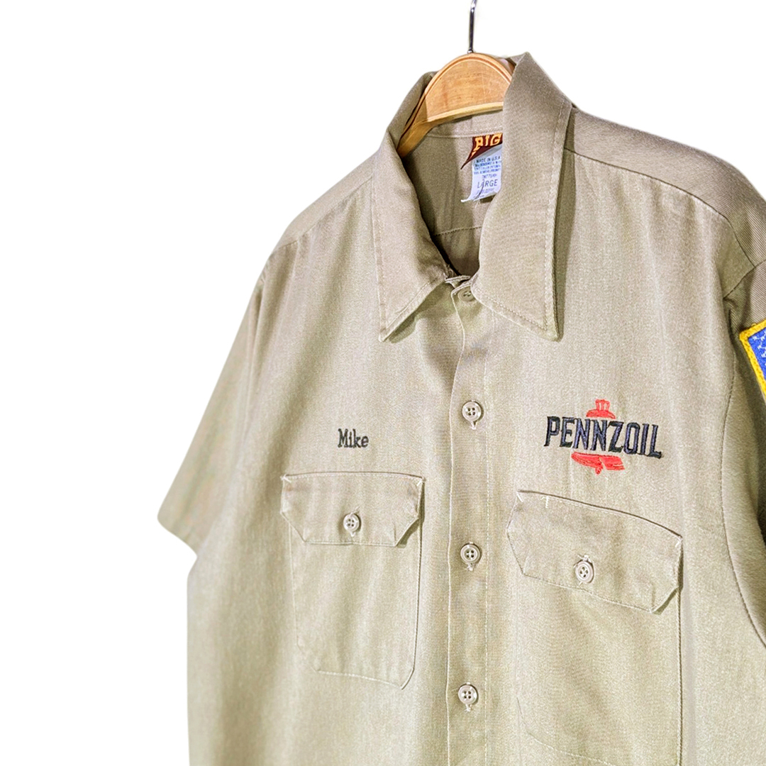 【送料無料】80s ベンゾイル USA制 ヴィンテージワークシャツ ビッグベン 企業(yè)系 ワッペン 刺繍 PENNZOIL メンズL 古著 @CB1330