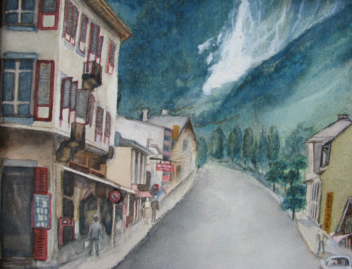 ☆おかたづけ☆日本歯科医師会会長,山崎数男「モンブランへアルプスの街」約6号水彩,郷愁のアルプス臨場感,成行き_画像4