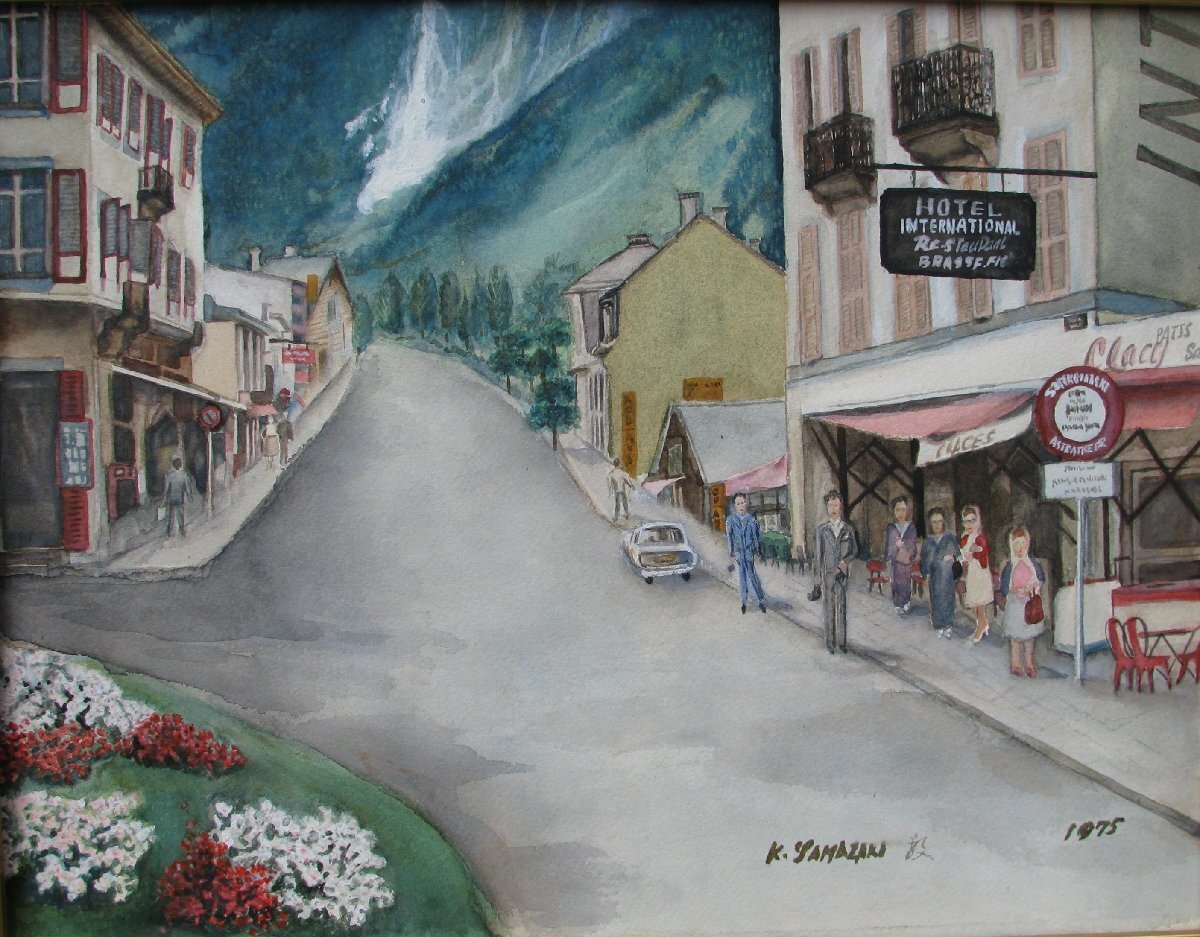 ☆おかたづけ☆日本歯科医師会会長,山崎数男「モンブランへアルプスの街」約6号水彩,郷愁のアルプス臨場感,成行き_画像2