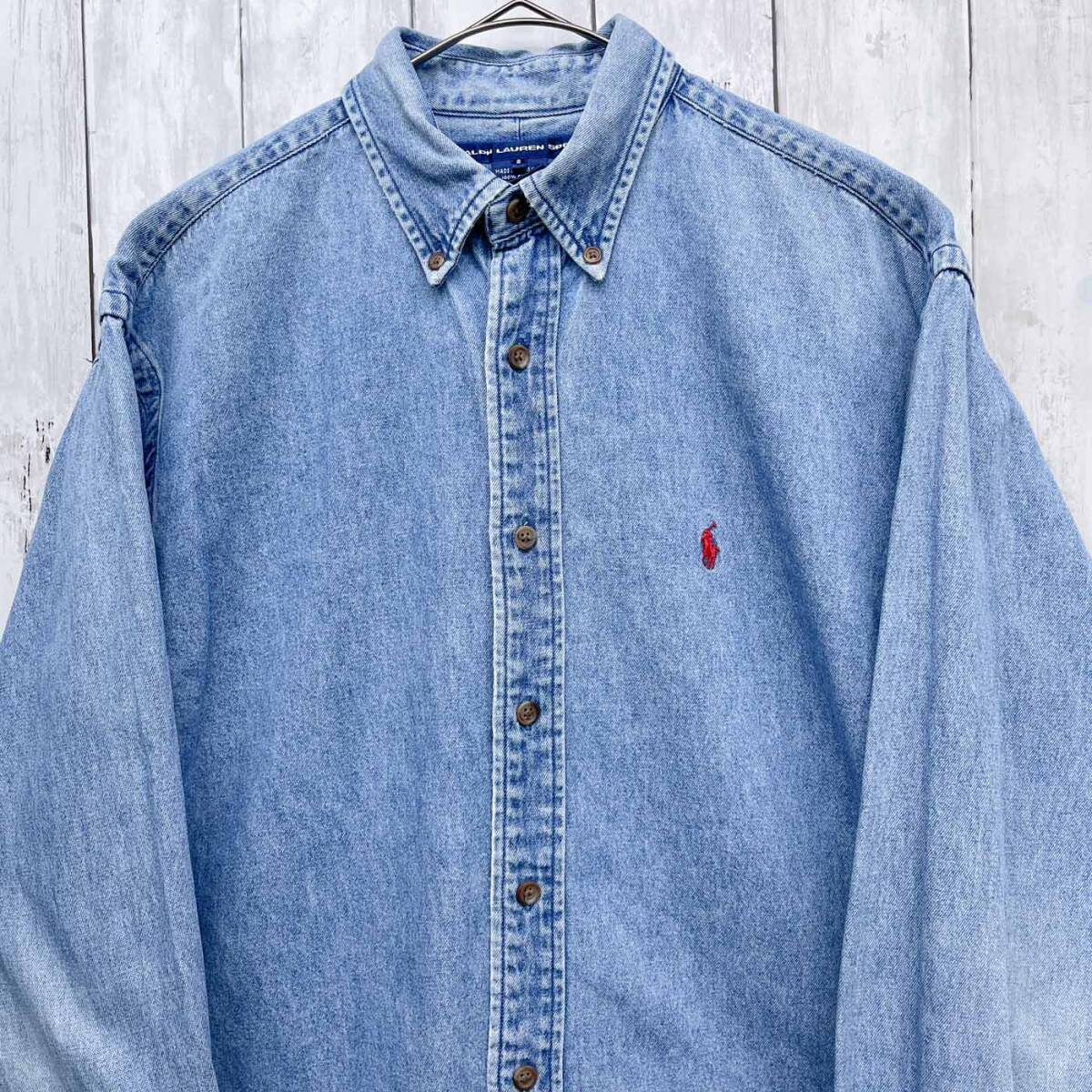 ラルフローレン Ralph Lauren SPORT 長袖シャツ レディース ワンポイント デニムシャツ コットン100％ 8 L相当サイズ 6-582_画像1