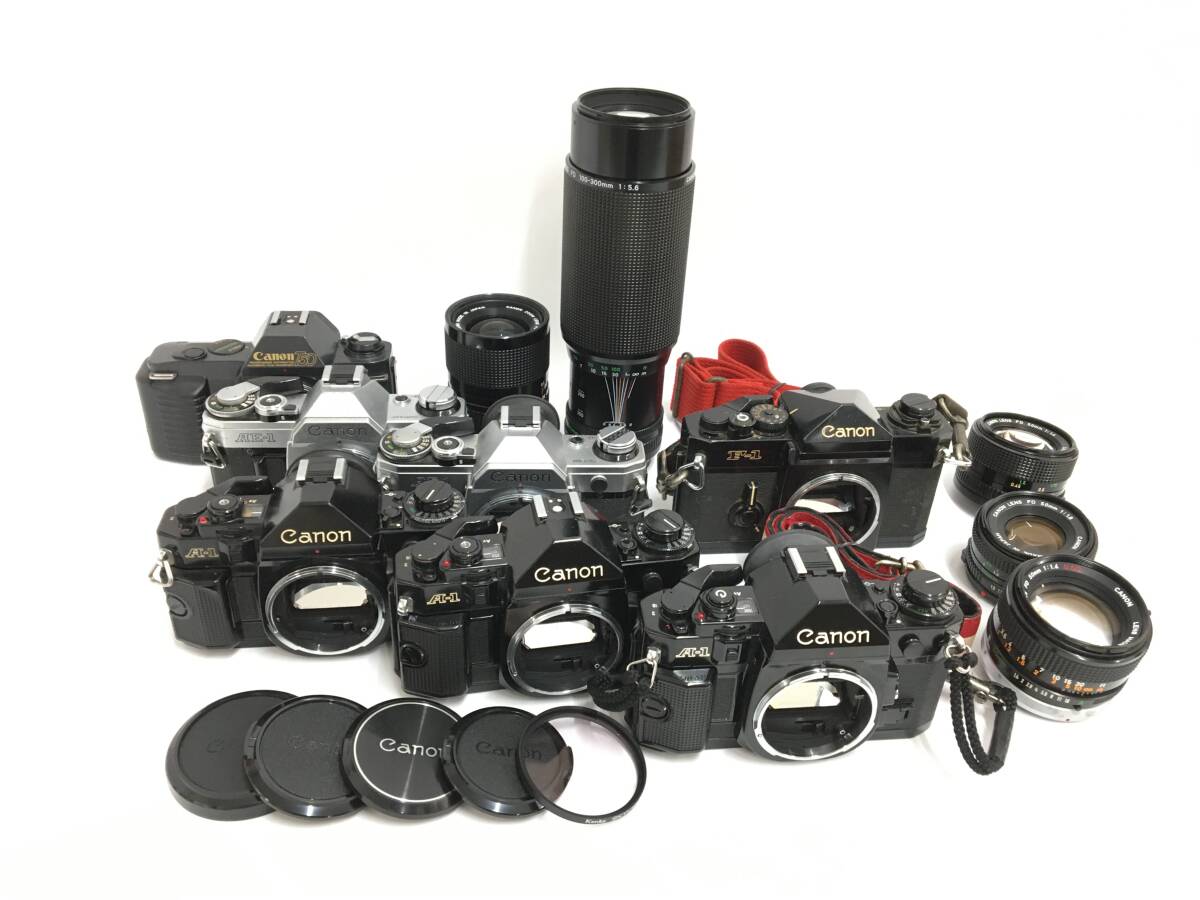☆ Canon フィルム一眼カメラ まとめ 3 ☆ F-1 + A-1 ×3 + AE-1 ×2 + T50 + FD 50mm 1:1.4 S.S.C. 他 レンズ4本 キャノン