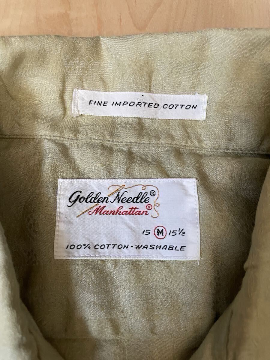 美品60'S USA製 Golden Needle Manhattan オープンカラーシャツループカラーベージュビンテージ表記Mカスリ総柄半袖シャツ_画像6
