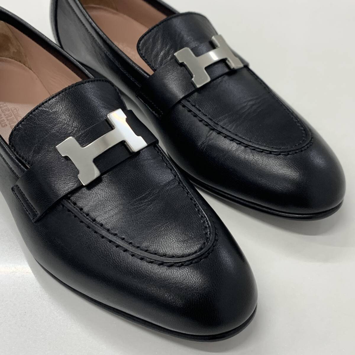 M12958 エルメス パリ H金具 レザー ローファー ブラック_画像9