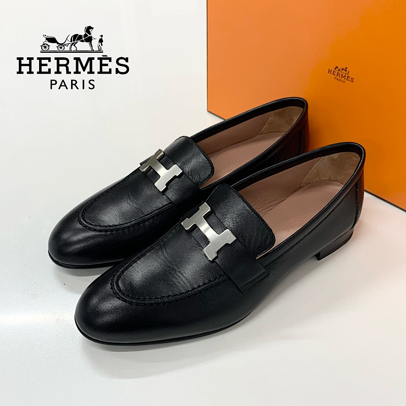 M12958 エルメス パリ H金具 レザー ローファー ブラック_画像1