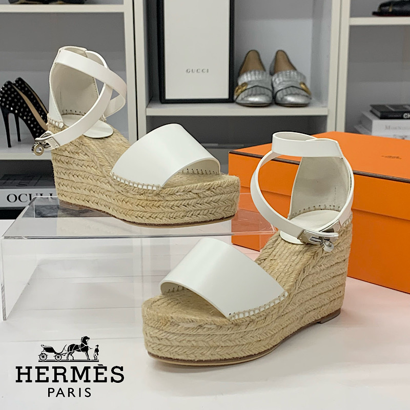 M12965 エルメス ティポリ レザー ケリー金具 ウェッジソール サンダル ホワイト
