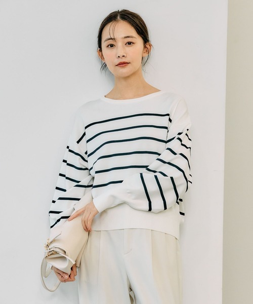 GLOBAL WORK グローバルワーク　スッキレイ クルーネック プルオーバー　（アイボリー×ネイビー　ボーダー）　XSサイズ　_画像1