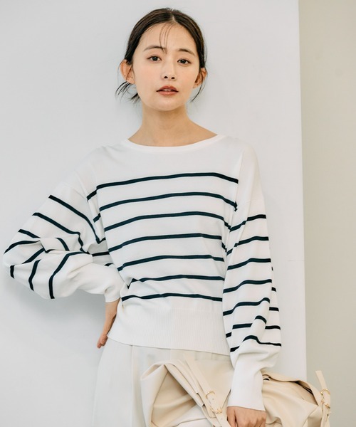 GLOBAL WORK グローバルワーク　スッキレイ クルーネック プルオーバー　（アイボリー×ネイビー　ボーダー）　XSサイズ　_画像2