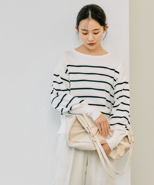 GLOBAL WORK グローバルワーク　スッキレイ クルーネック プルオーバー　（アイボリー×ネイビー　ボーダー）　XSサイズ　_画像3